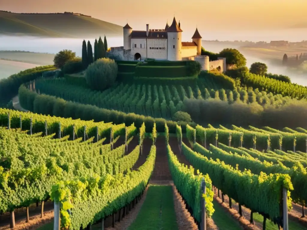 Viñedos ancestrales en Borgoña: tradición y rivalidad Viñedo ancestral en Borgoña con la Château de la Rochepot al fondo bajo la luz dorada del atardecer