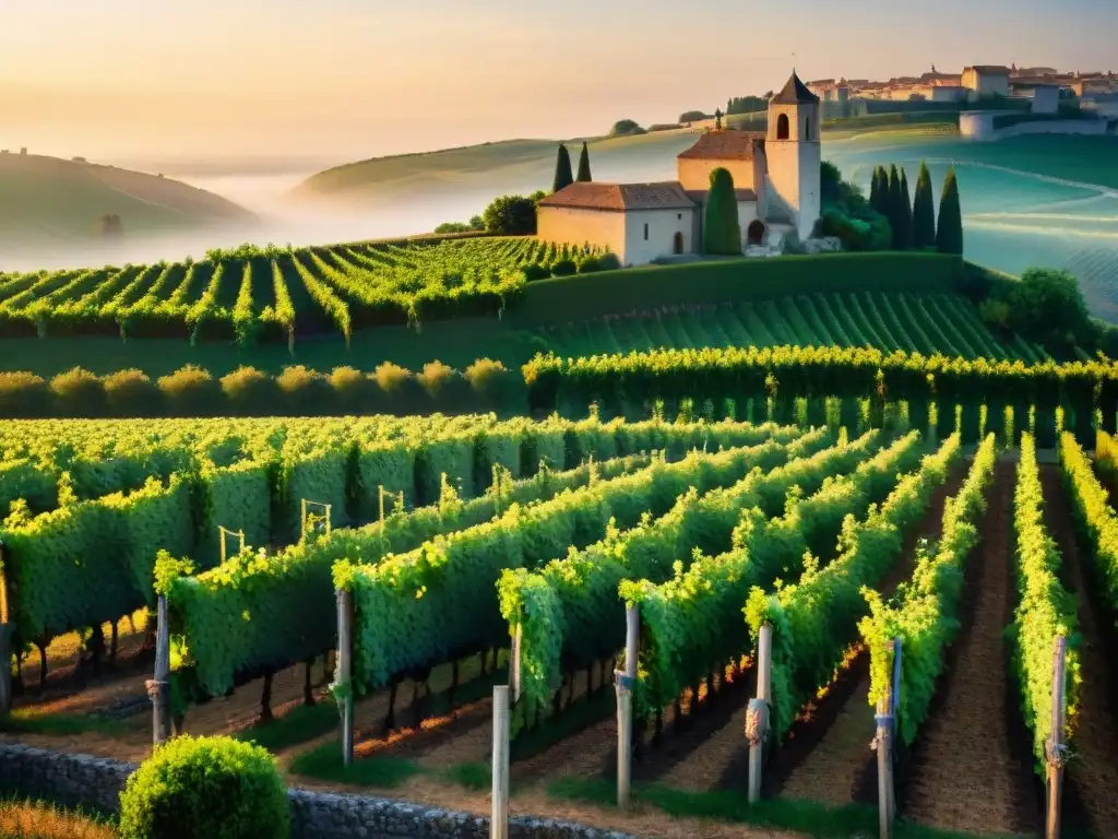 Viñedo francés antiguo al atardecer, con filas de uvas y edificios de piedra