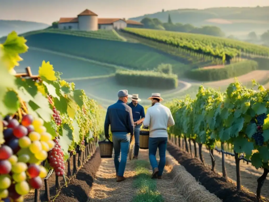 Viñedo francés antiguo con cosecha tradicional contrastado con bodega moderna