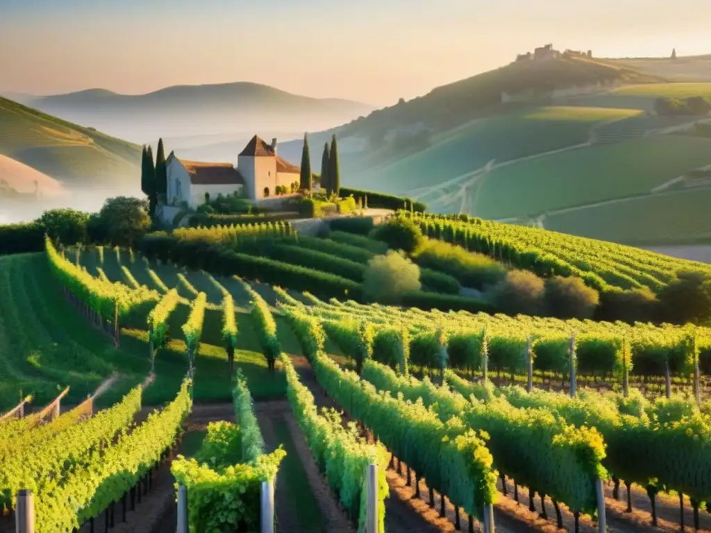 Un viñedo francés antiguo al amanecer, con vides exuberantes y un château histórico