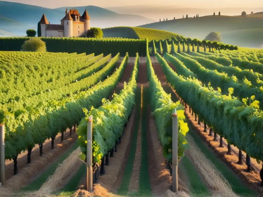 Un viñedo francés al atardecer con agricultores y certificaciones sostenibilidad agricultura francesa