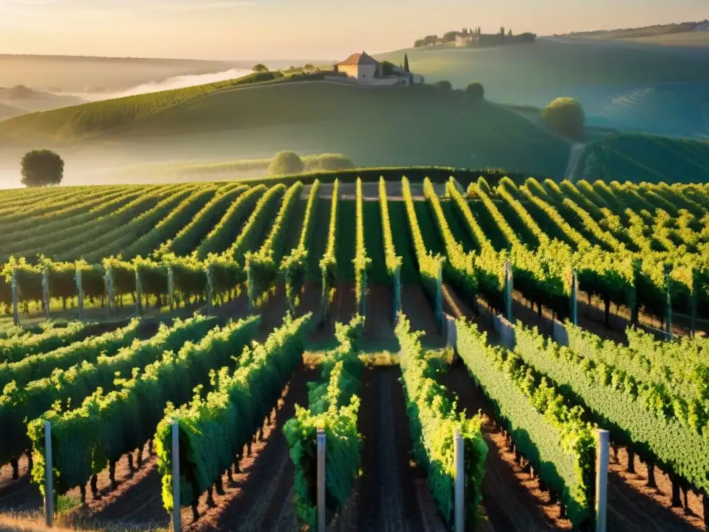 Viñedo francés al atardecer con agricultores en técnicas agrícolas sostenibles, en armonía con la naturaleza y la gastronomía francesa