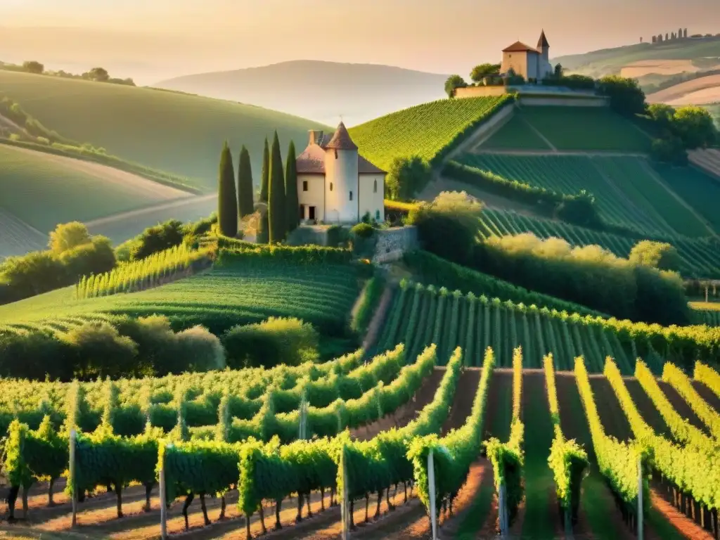 Un viñedo francés al atardecer, bañado por la cálida luz dorada, revelando la belleza de los mejores vinos blancos franceses festividades