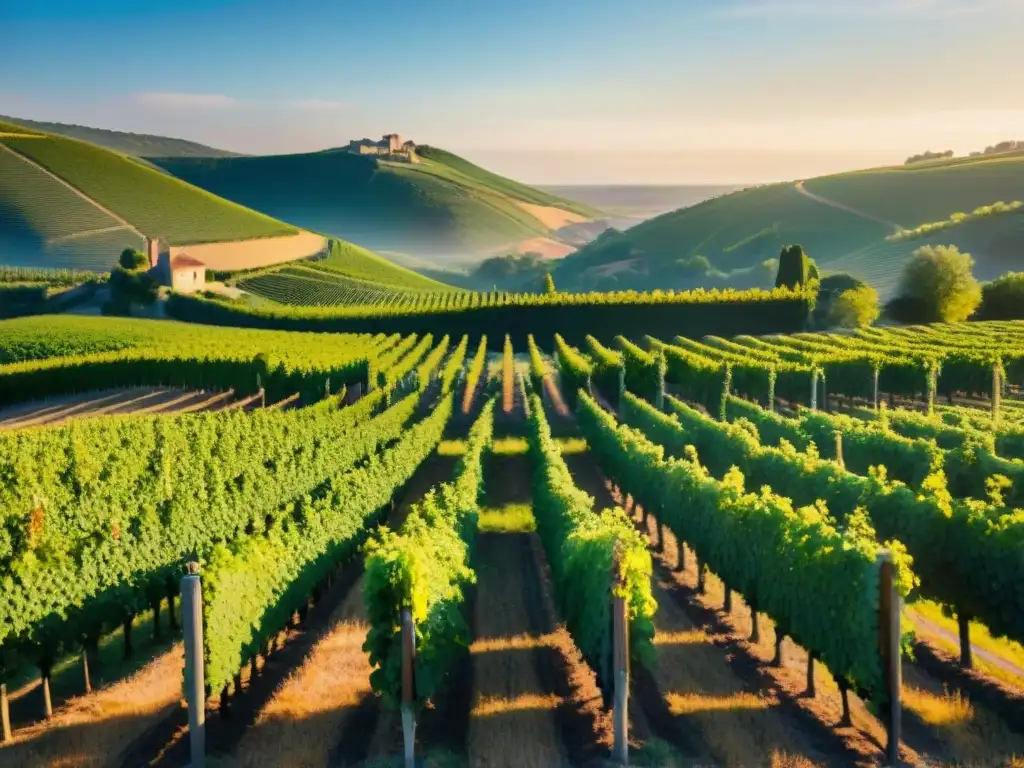 Un viñedo francés al atardecer, bañado por una cálida luz dorada, evocando la belleza de la tradición vinícola francesa