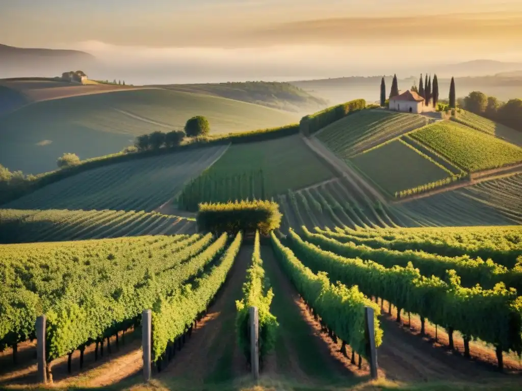 Viñedo francés al atardecer, barril de vino con bandera francesa