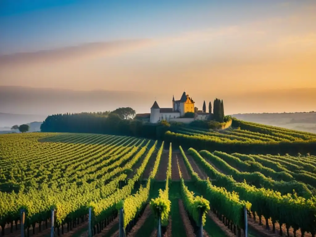 Viñedo francés al atardecer con château y beneficios vinos franceses en cocina