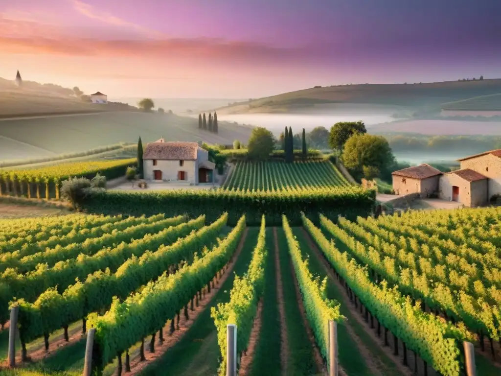 Viñedo francés al atardecer con casa de piedra entre viñedos