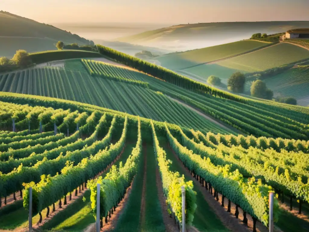 Viñedo al atardecer en Champagne, Francia, con viñedos verdes y cálido resplandor dorado