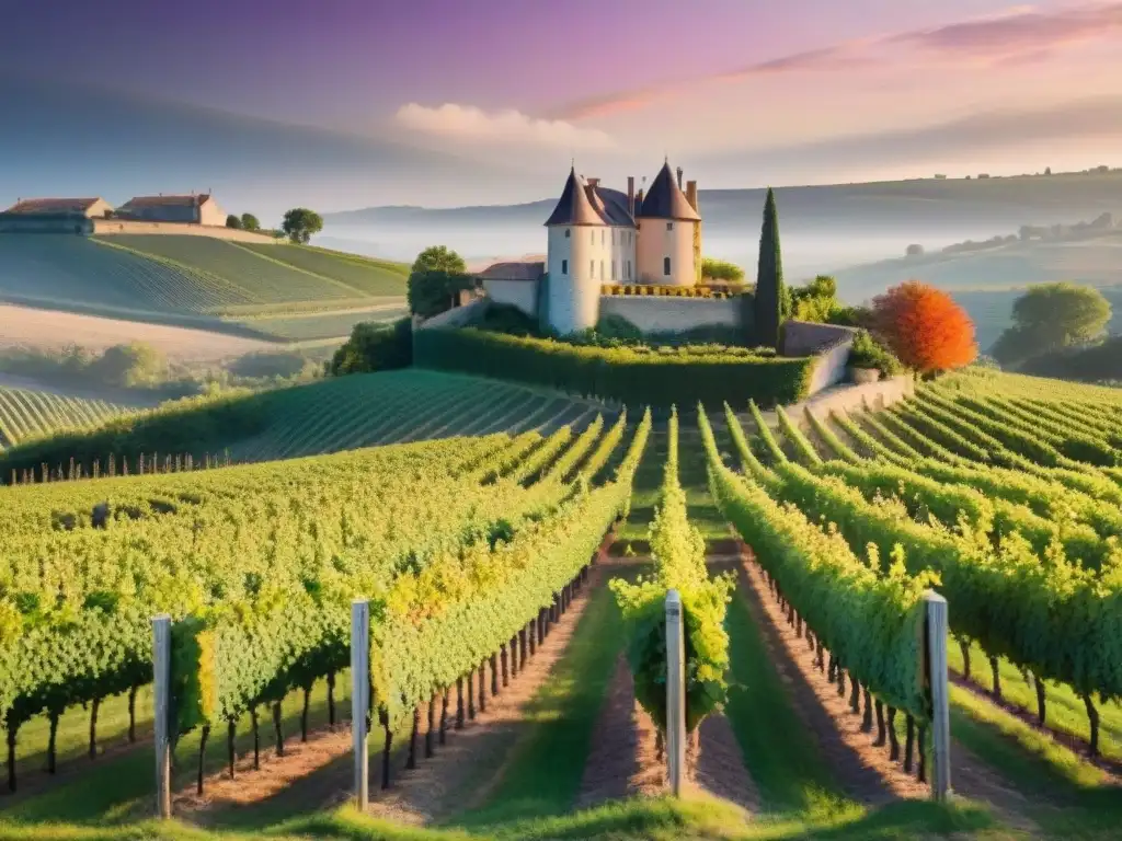 Viñedo francés al atardecer con château de piedra y cielo multicolor, ideal para los mejores cursos gastronomía francesa online