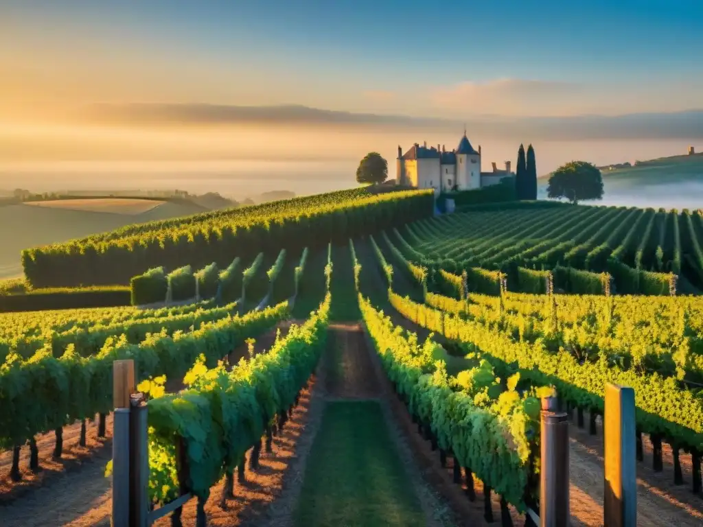 Un viñedo francés al atardecer con un encantador castillo iluminado, evocando la cultura vinícola de Francia