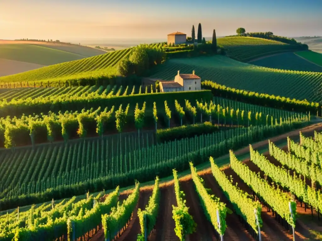 Viñedo francés al atardecer, con sus filas de vides verdes y una casa de piedra, bañado en luz dorada