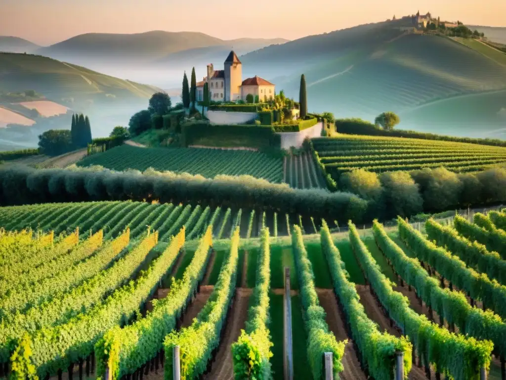 Un viñedo francés al atardecer, con filas de vides verdes y un castillo al fondo