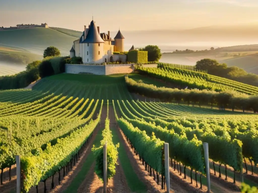 Viñedo francés al atardecer con château y filas de viñas doradas