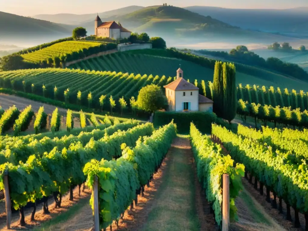 Un viñedo francés al atardecer, con hileras de vides, un château de piedra y un paisaje de colinas