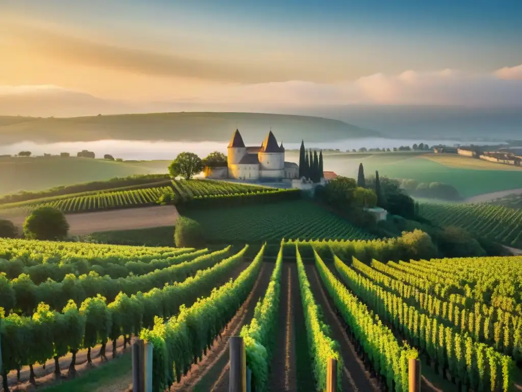 Un viñedo en Bordeaux al atardecer, reflejando la influencia del clima en los vinos tintos franceses