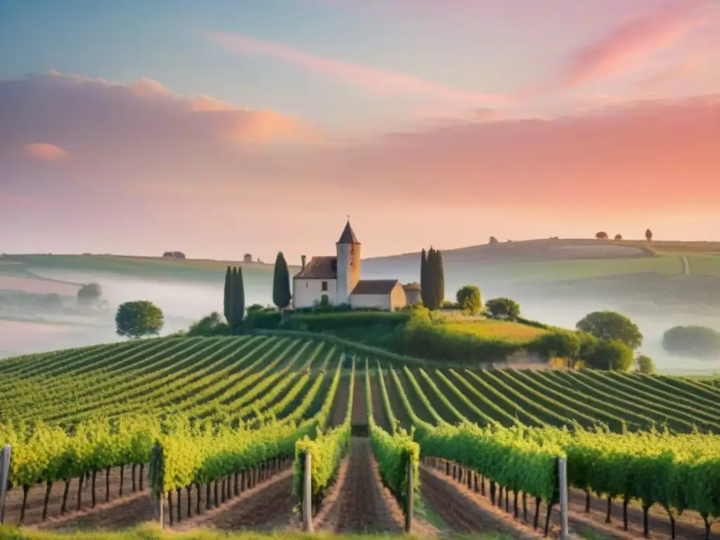 Vinedo francés al atardecer, influencia gastronomía francesa vinos, con viñedos verdes y cielo anaranjado