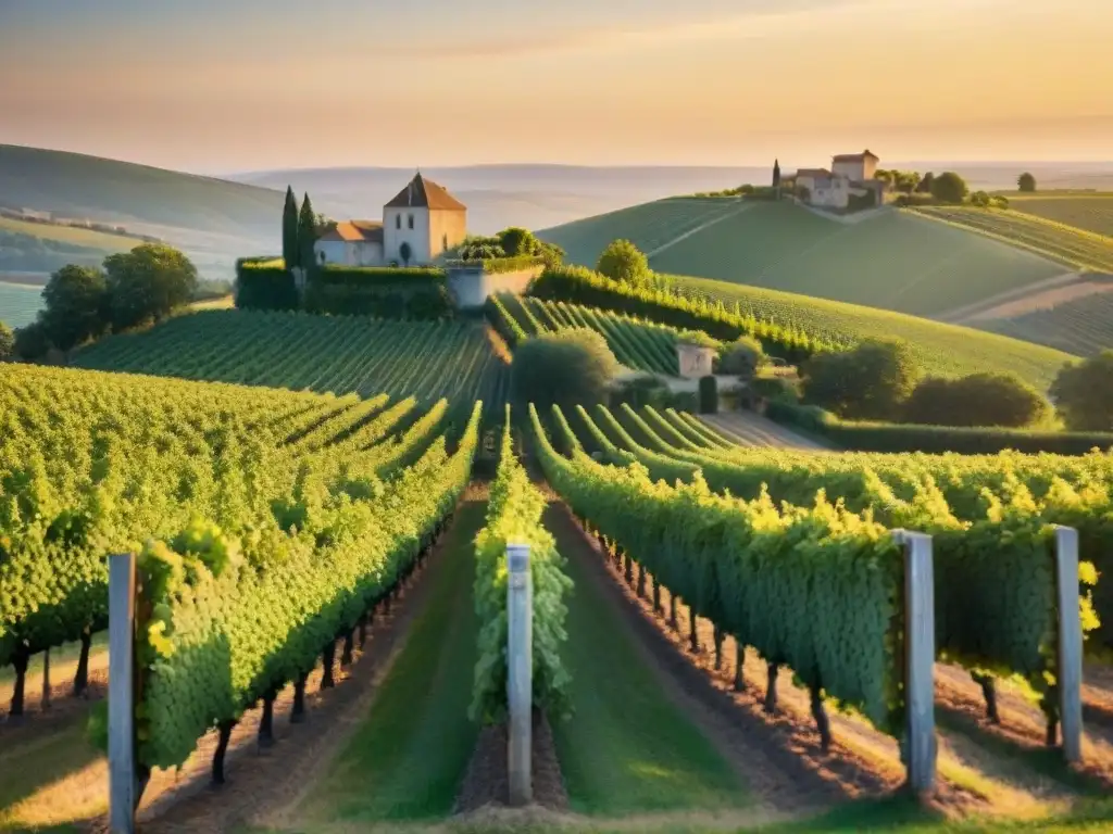 Viñedo francés al atardecer, historia vino francés conquista mundial, luces doradas sobre las uvas y chateau al fondo