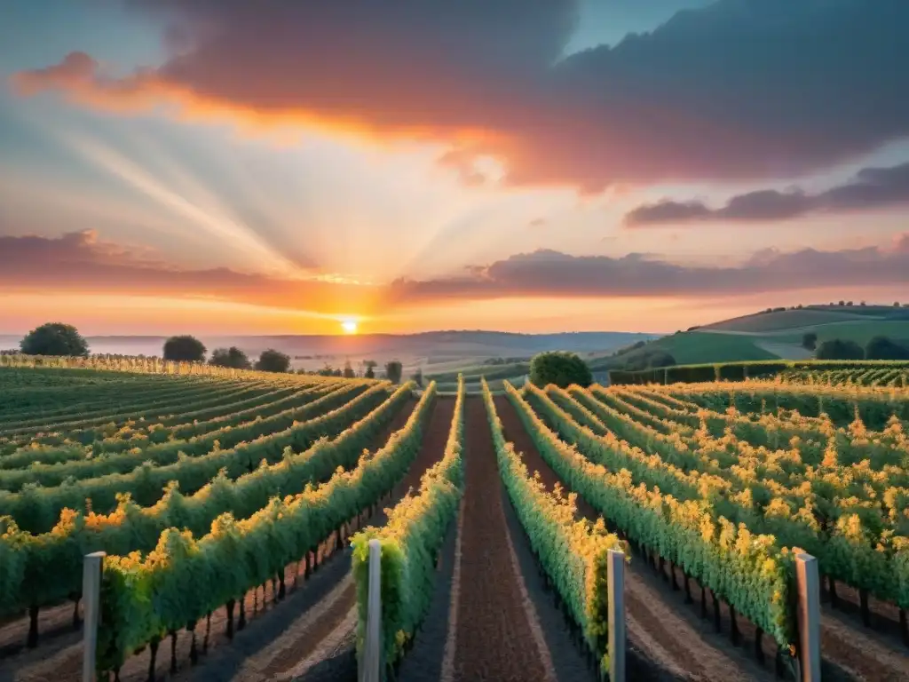 Viñedo francés al atardecer con músicos y maridaje vinos y música Francia