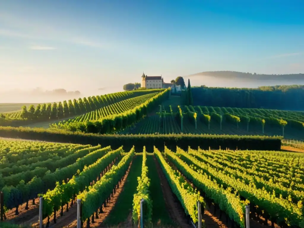 Un viñedo francés al atardecer con prácticas agrícolas sostenibles