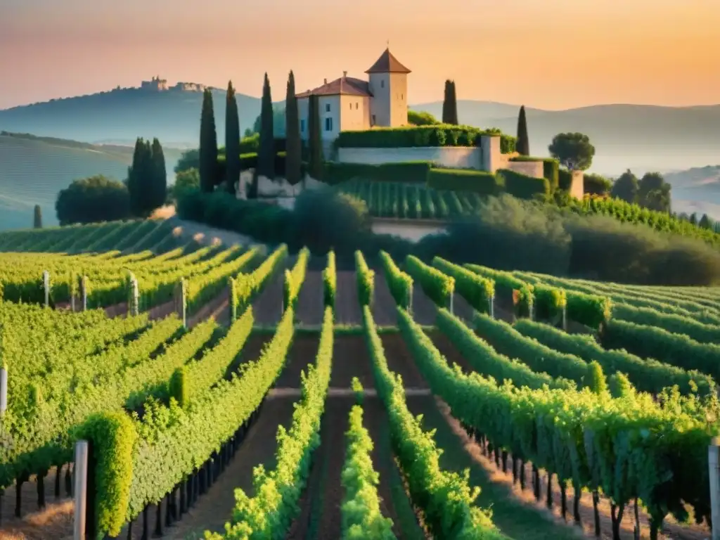 Viñedo al atardecer en la Provenza francesa con uvas rosadas listas para la vendimia