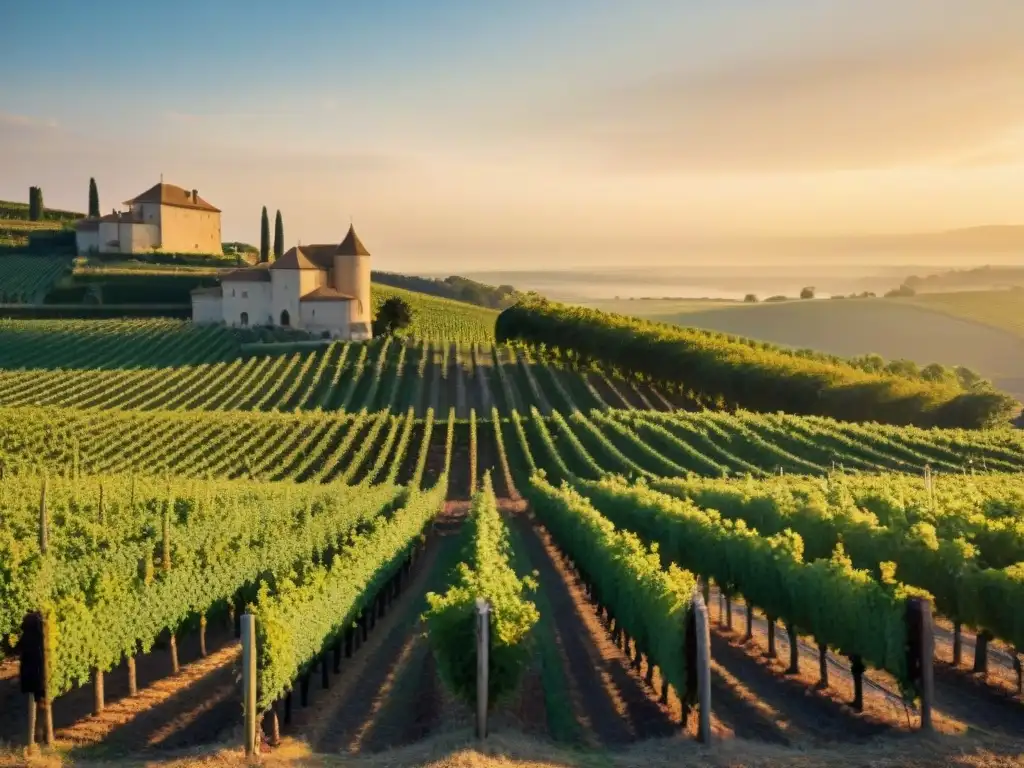 Un viñedo francés al atardecer, con trabajadores cosechando uvas frente a un chateau de piedra