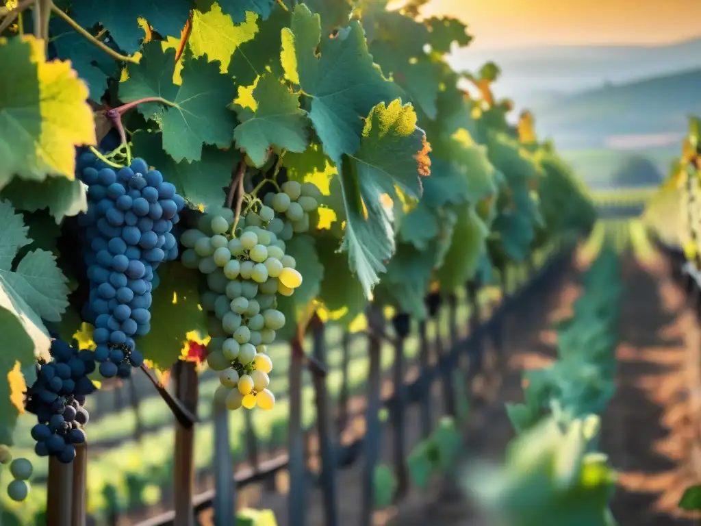Viñedo francés al atardecer: historia y artesanía en cada racimo Un viñedo francés al atardecer con trabajadores cuidando las vides, resaltando la cultura gastronómica