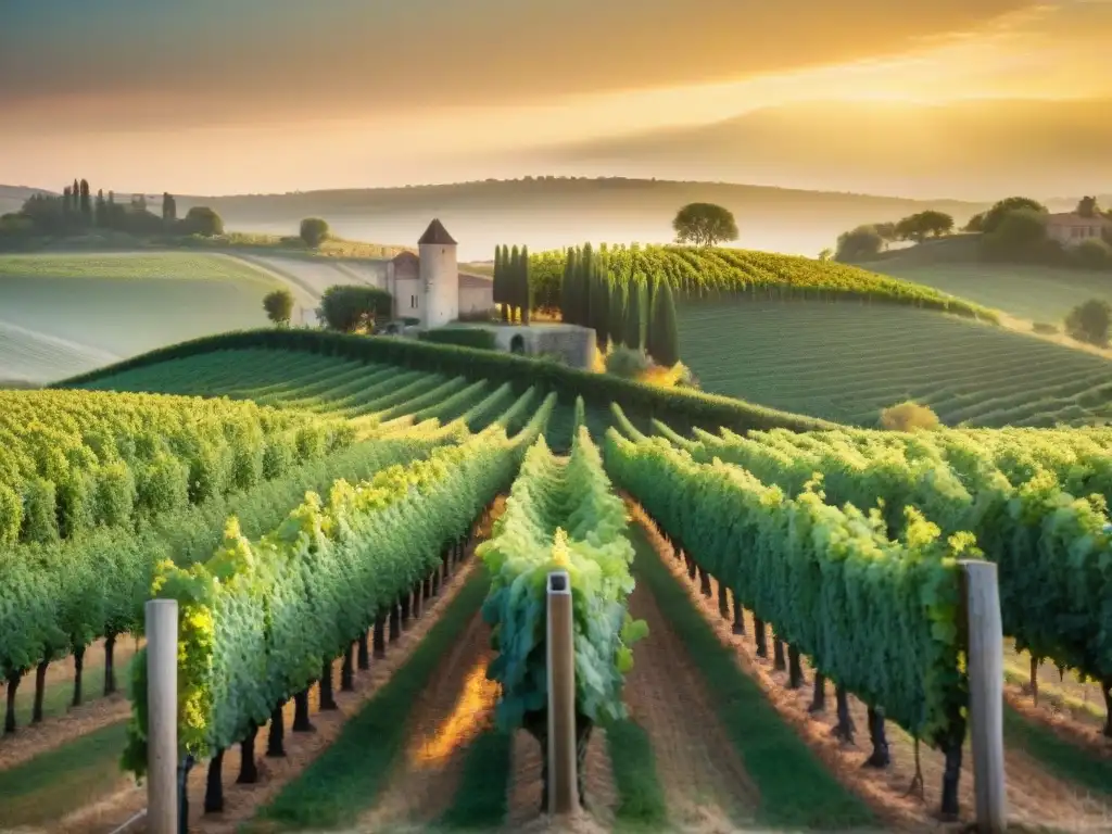 Viñedo francés al atardecer con chateau tradicional y viñedos bañados por luz dorada