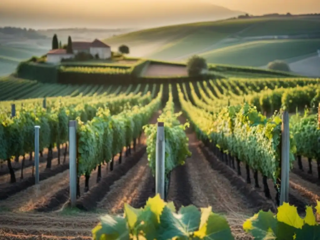 Un viñedo francés al atardecer, exudando tranquilidad y sostenibilidad