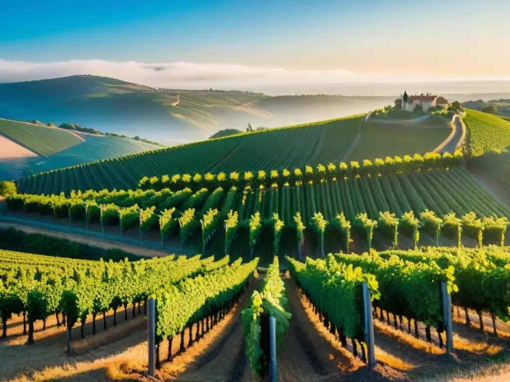 Viñedo en Francia al atardecer, uvas listas para cosechar en un paisaje sereno y sostenible