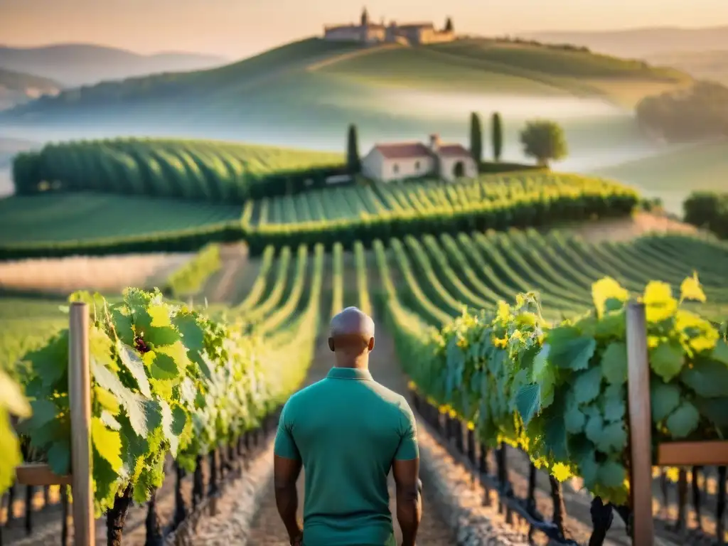 Viñedo francés al atardecer: tradición y tranquilidad Viñedo francés al atardecer, uvas maduras y bodega de piedra