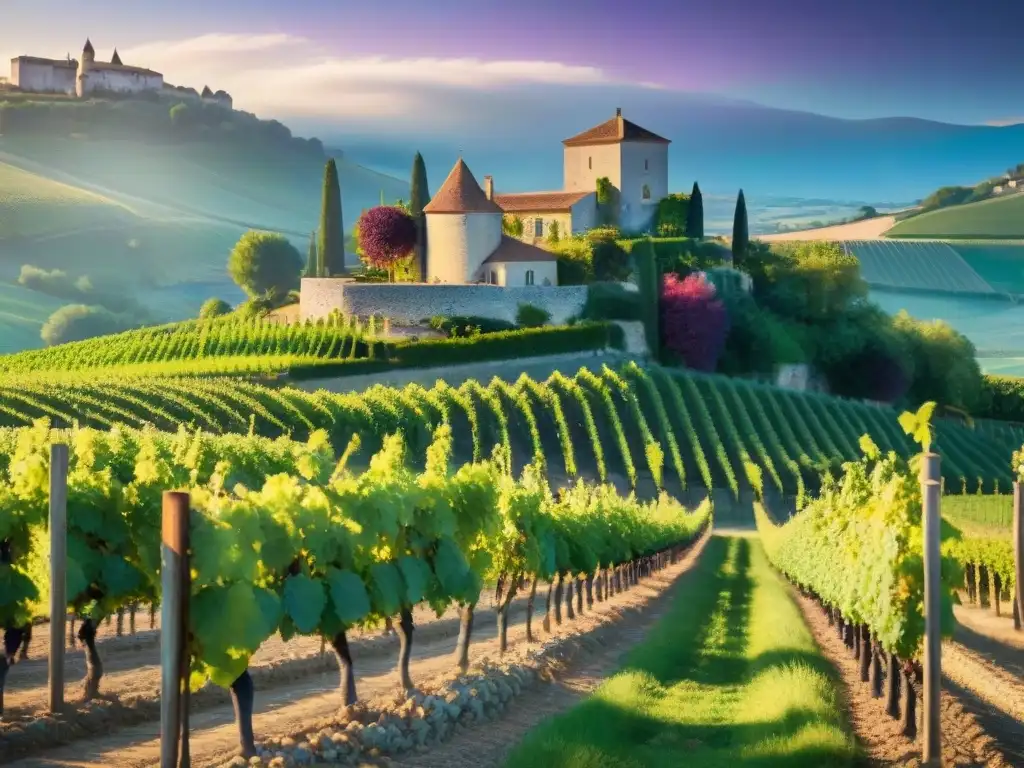 Viñedo francés al atardecer: belleza y tradición Un viñedo francés al atardecer, con uvas maduras y un château de piedra