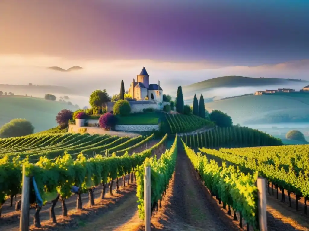 Viñedo francés al atardecer con uvas moradas, chateau de piedra y colinas doradas