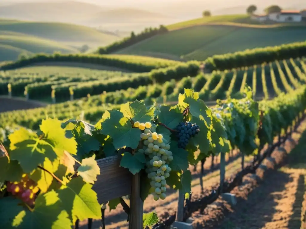 Un viñedo francés al atardecer con vides cargadas de uvas maduras, destacando la belleza de las variedades de vinos blancos franceses