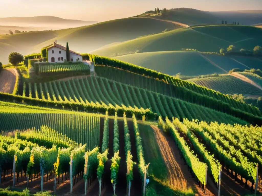 Viñedo francés al atardecer con vides, colinas y bodega, reflejando la esencia de vinos tintos ecológicos de Francia