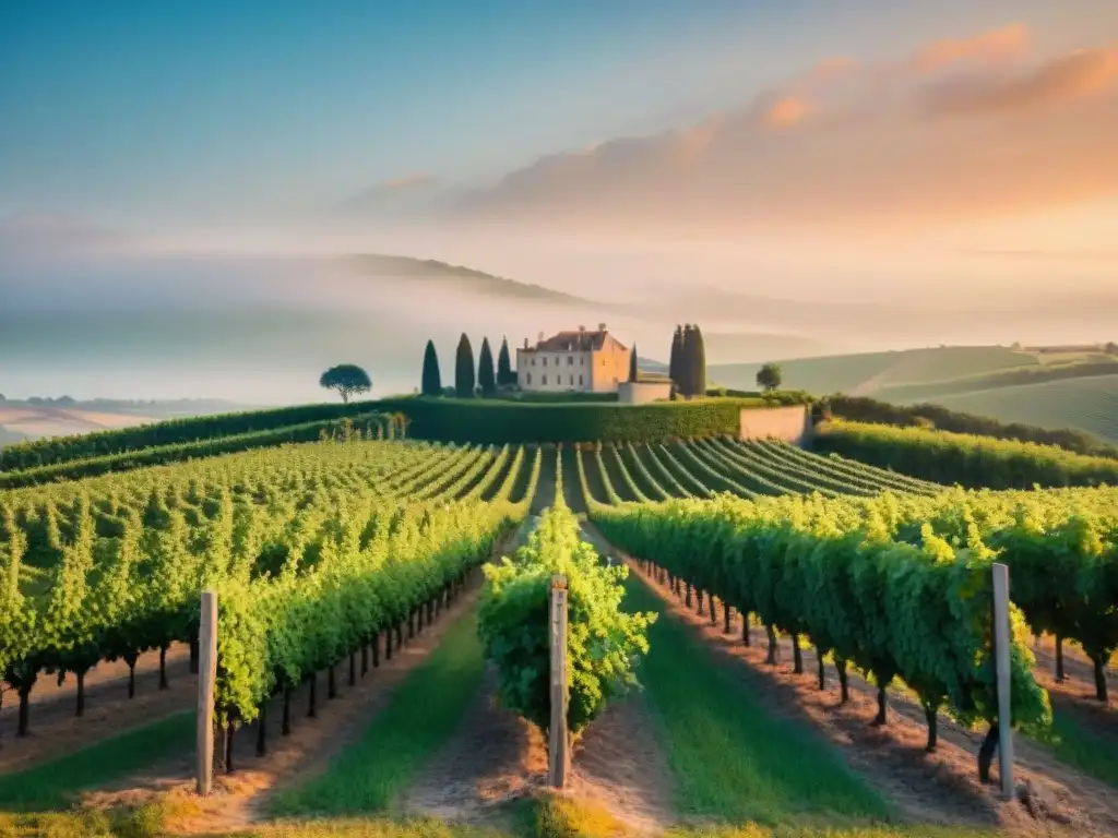 Viñedo francés al atardecer con vides exuberantes y chateau de piedra, cielo en tonos naranja y rosa