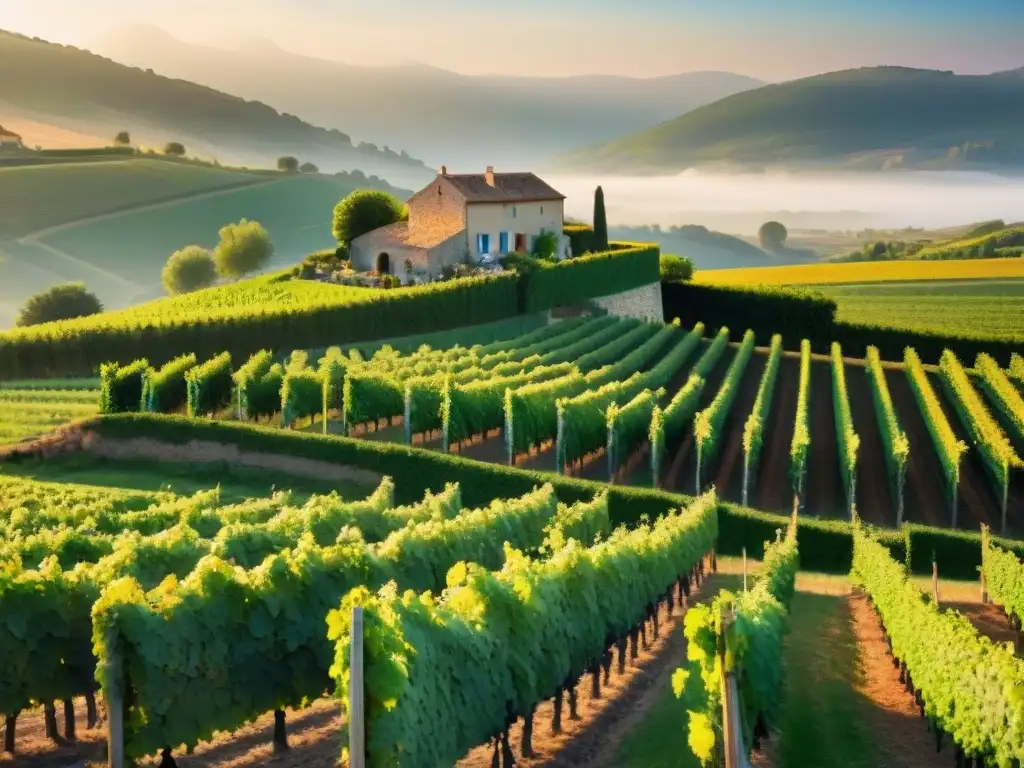 Un viñedo francés al atardecer, con vides orgánicas y biodinámicas, resaltando la armonía de la naturaleza y la viticultura