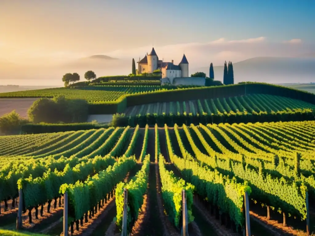 Viñedo francés al atardecer con château y viñedos, ideal para Cursos online vinos quesos franceses