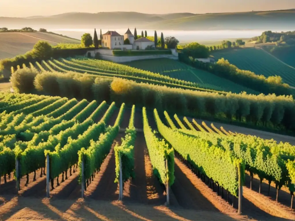 Un viñedo francés en la región de Burdeos al atardecer, con viñedos ordenados y un château