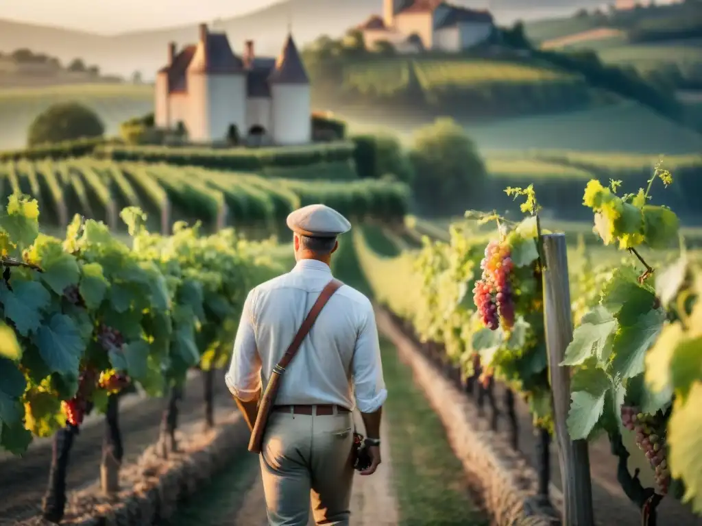 Un viñedo francés al atardecer, con viñedos verdes, un château de piedra y viticultores practicando la biodinámica