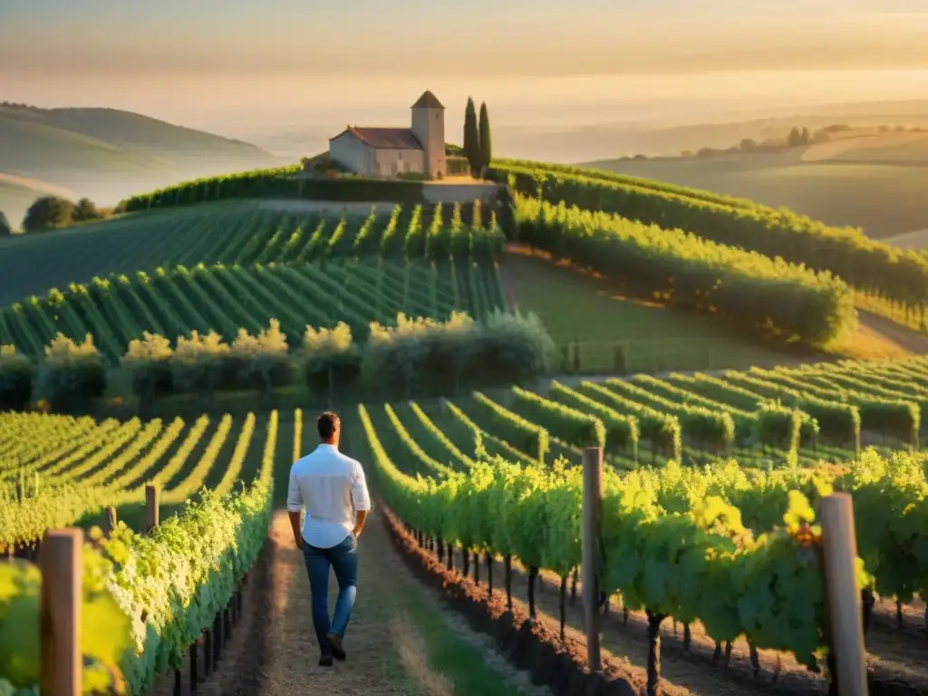 Un viñedo francés al atardecer, con un viticultor inspeccionando las uvas bajo la cálida luz dorada