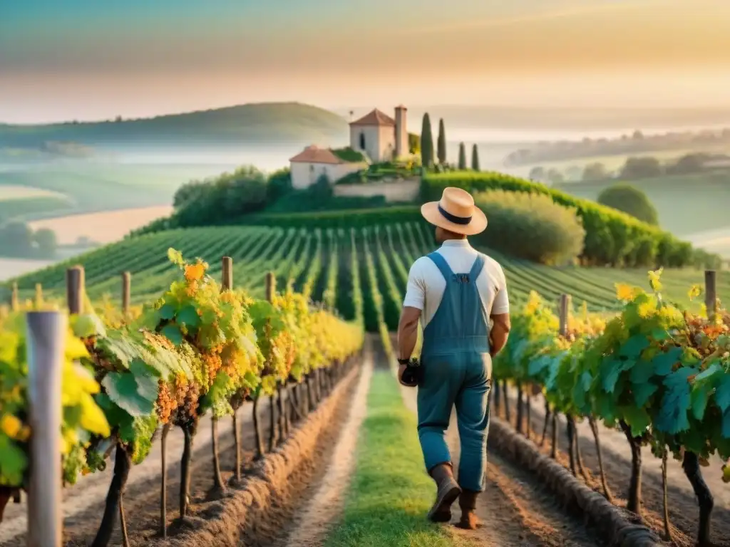 Un viñedo francés al atardecer, un viticultor inspeccionando uvas, simbolizando la identidad del vino francés frente a la globalización