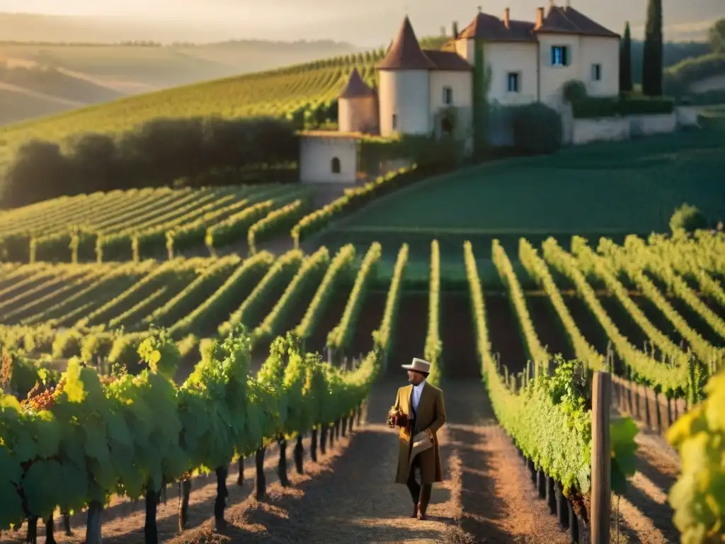 Un viñedo bañado por el sol en la campiña francesa, con sommeliers inspeccionando racimos de uvas