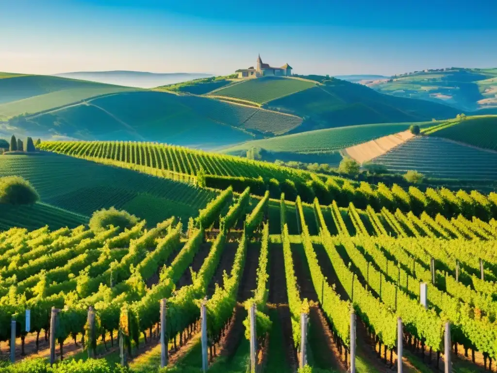 Viñedo bañado por el sol en la campiña francesa, con uvas blancas maduras, colinas y bodega