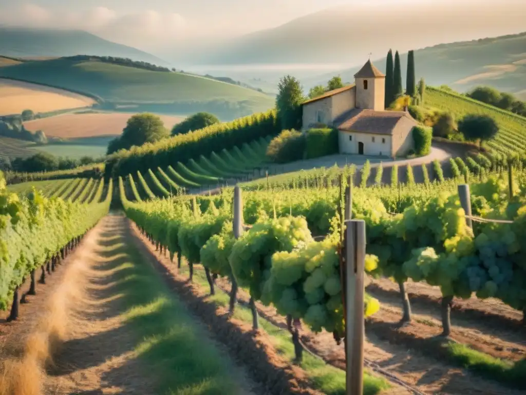 Un viñedo bañado por el sol en la campiña francesa, con uvas maduras y una bodega al fondo