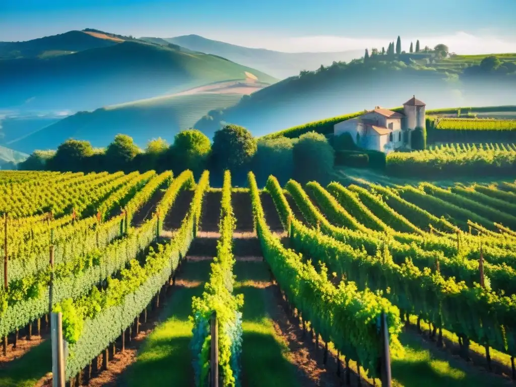 Un viñedo bañado por el sol en el campo francés, con filas de vides verdes que se extienden hacia el horizonte