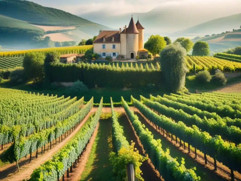 Un viñedo bañado por el sol en el campo francés, con uvas orgánicas y campesinos