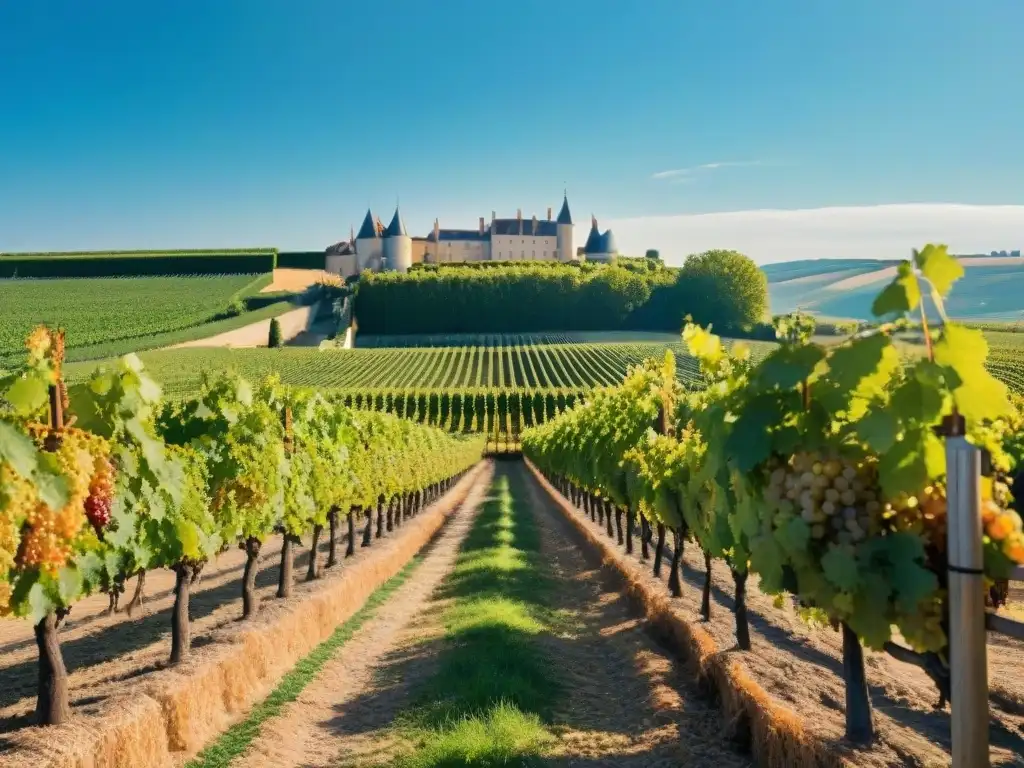 Un viñedo bañado de sol en Champagne, Francia, con viticultores en acción