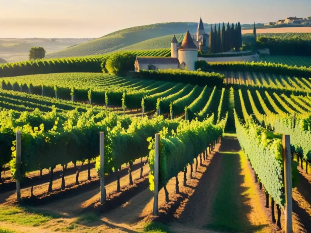 Viñedo bañado por el sol en Burdeos, Francia, historia de la gastronomía francesa vinos quesos