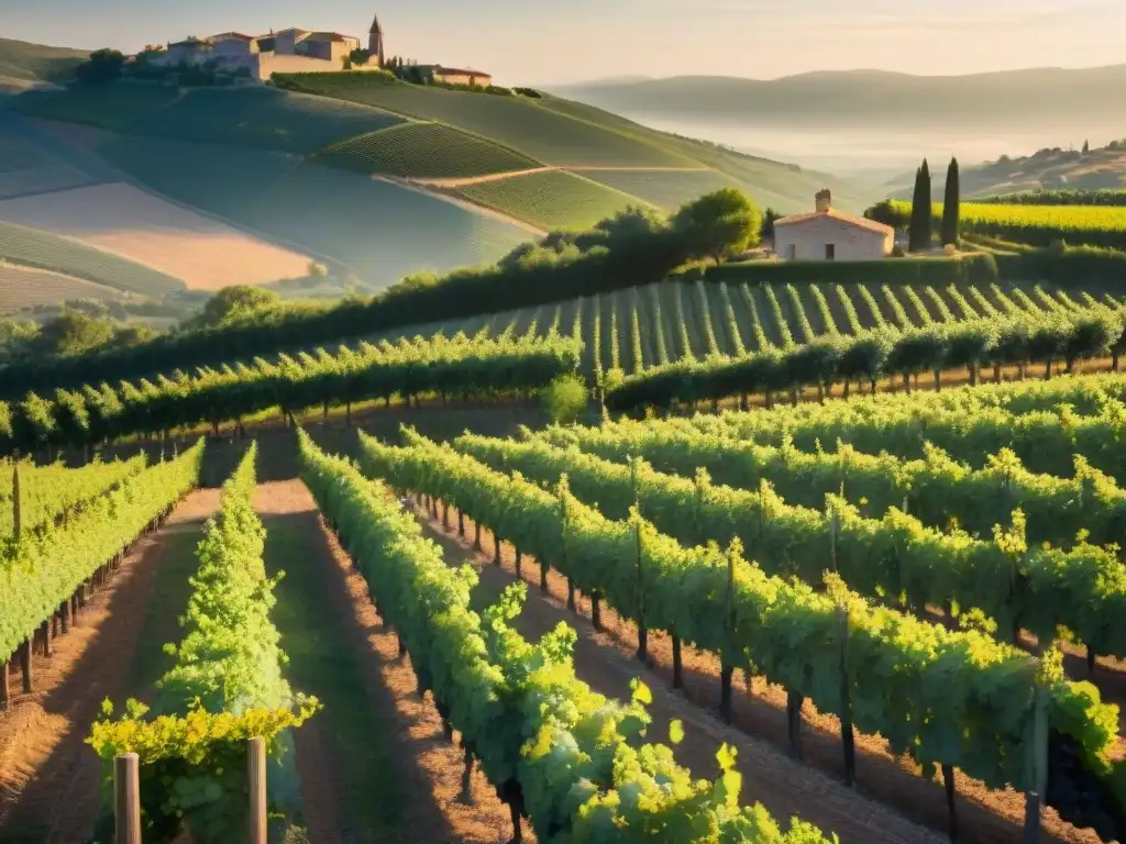 Viñedo bañado por el sol en Languedoc, Francia, donde chefs cuidan las vides