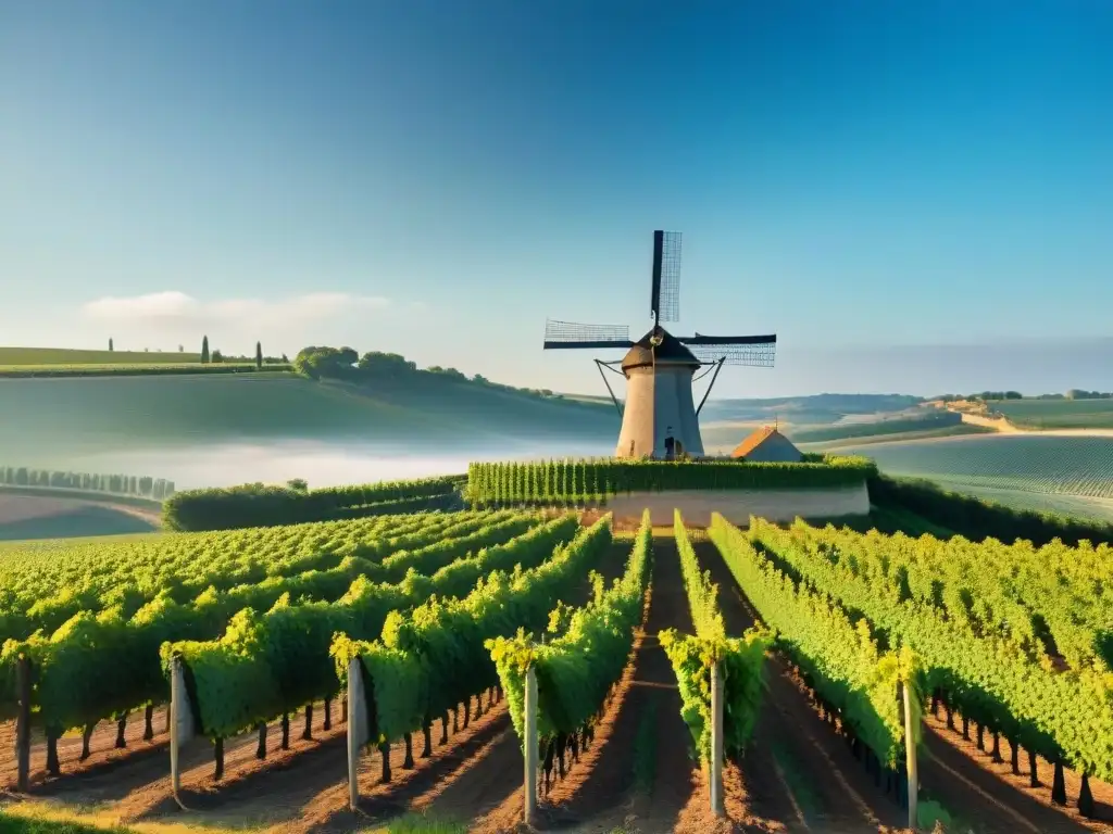 Viñedo francés bañado por el sol con molino de viento al fondo, destacando la alimentación sostenible en gastronomía francesa